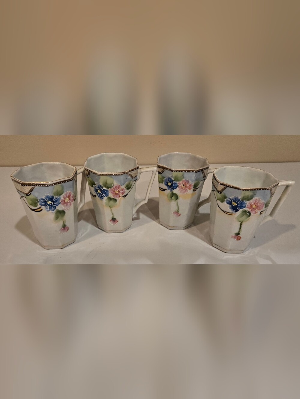 Delicate Floral Porcelain Nippon Mugs in White with Pink & Blue Flowers